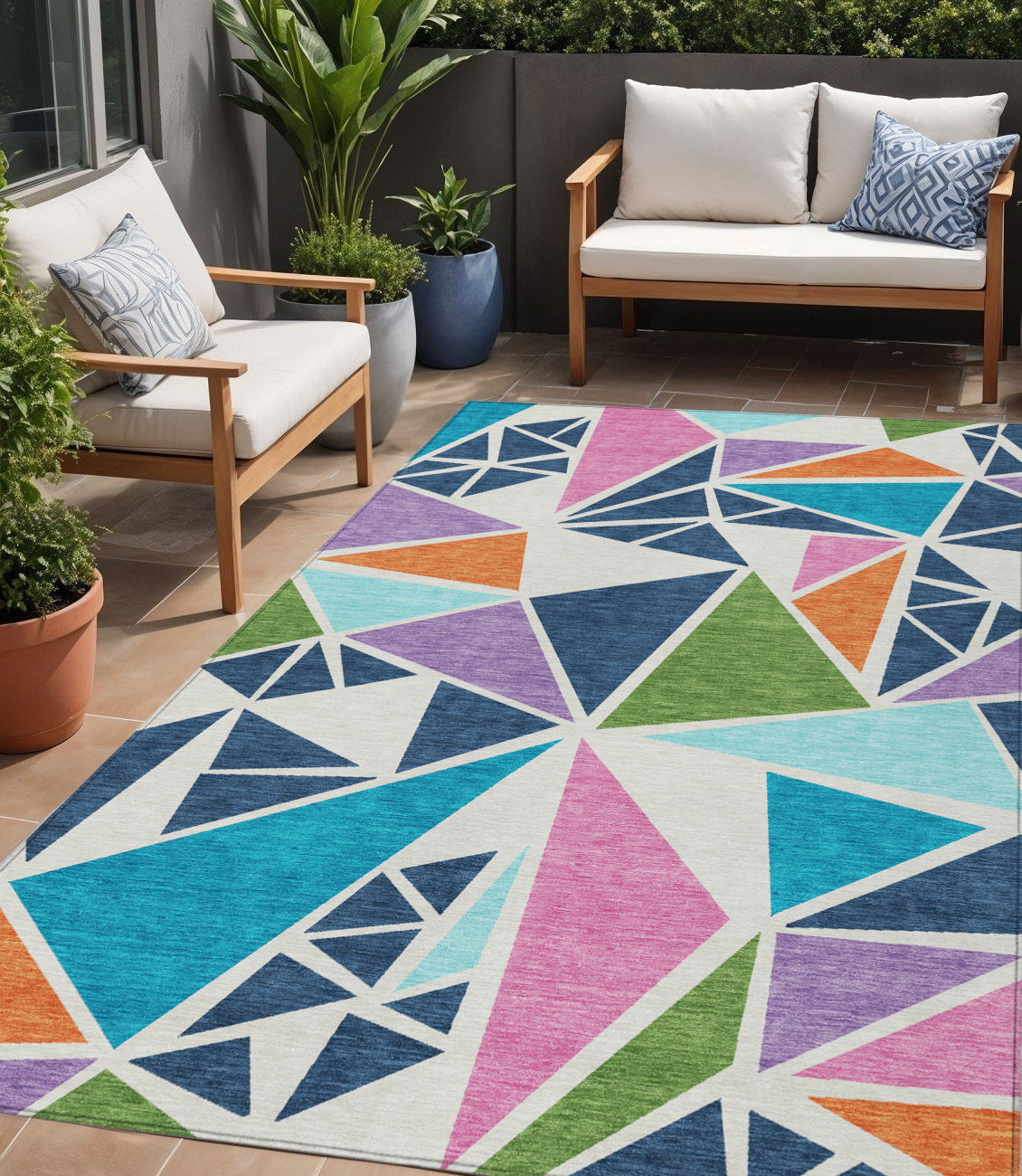 5' X 8' Dark Blue Green And Pink Geometric Washable Indoor Outdoor Area Rug