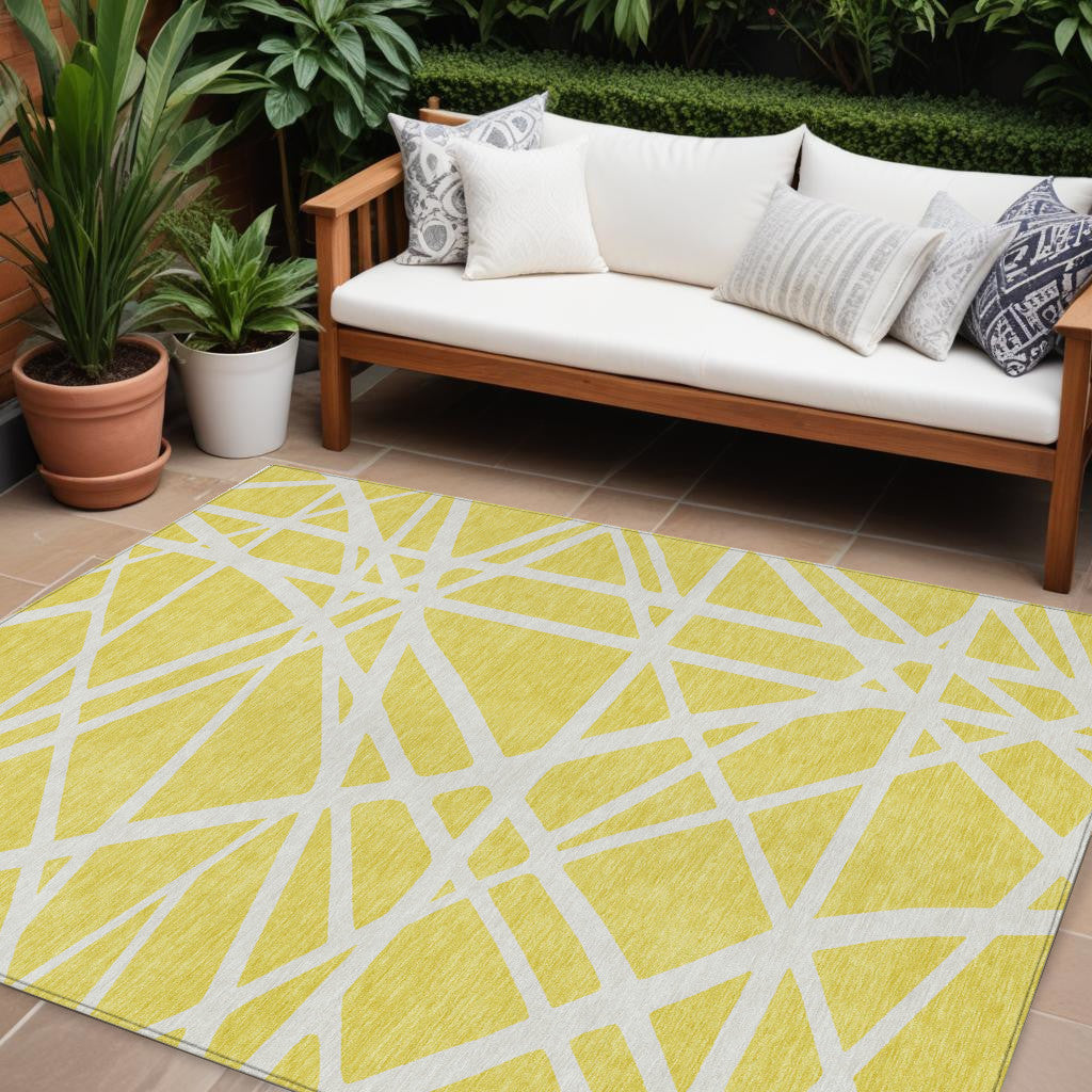10' X 14' Yellow And Linen Geometric Washable Indoor Outdoor Area Rug