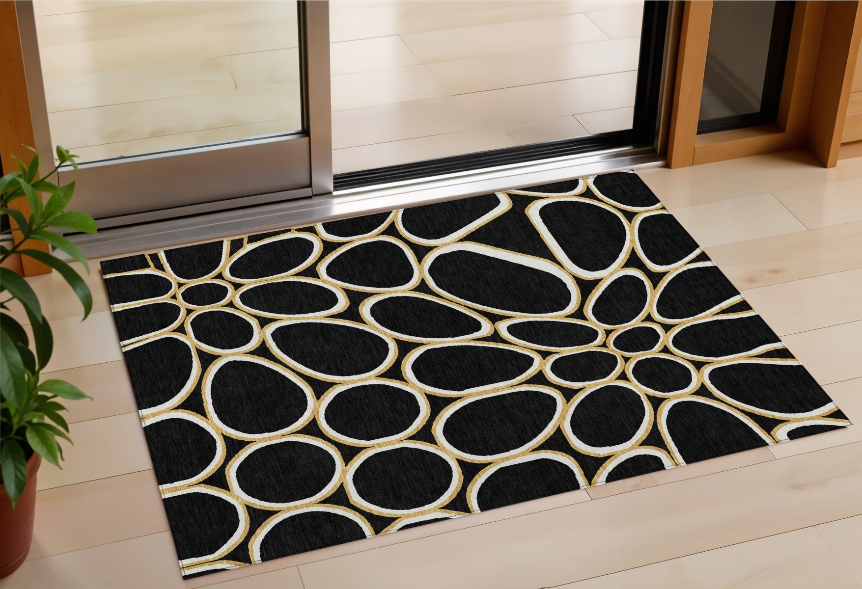 3' X 5' Black Ivory And Beige Abstract Washable Indoor Outdoor Area Rug