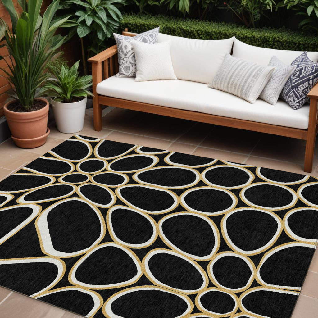 9' X 12' Black Ivory And Beige Abstract Washable Indoor Outdoor Area Rug