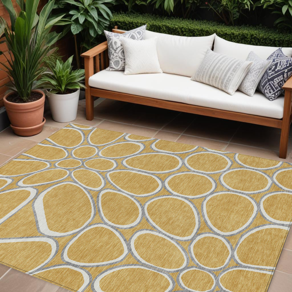 8' X 10' Gold Gray And Ivory Abstract Washable Indoor Outdoor Area Rug