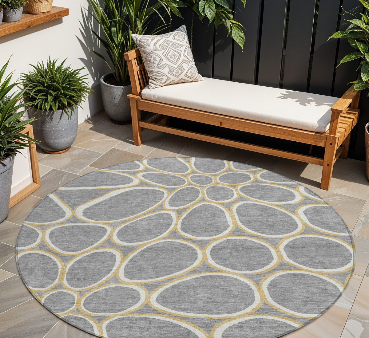 8' Gray Ivory And Beige Round Abstract Washable Indoor Outdoor Area Rug