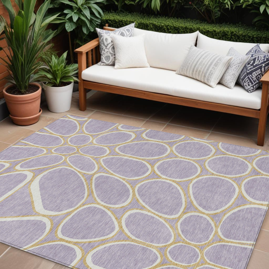 9' X 12' Lavender Ivory And Gold Abstract Washable Indoor Outdoor Area Rug