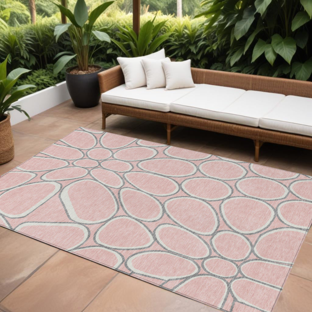8' X 10' Pink Gray And Ivory Abstract Washable Indoor Outdoor Area Rug