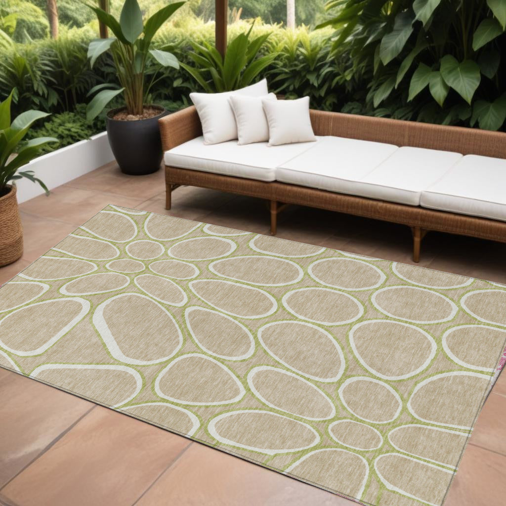 9' X 12' Tan Ivory And Green Abstract Washable Indoor Outdoor Area Rug