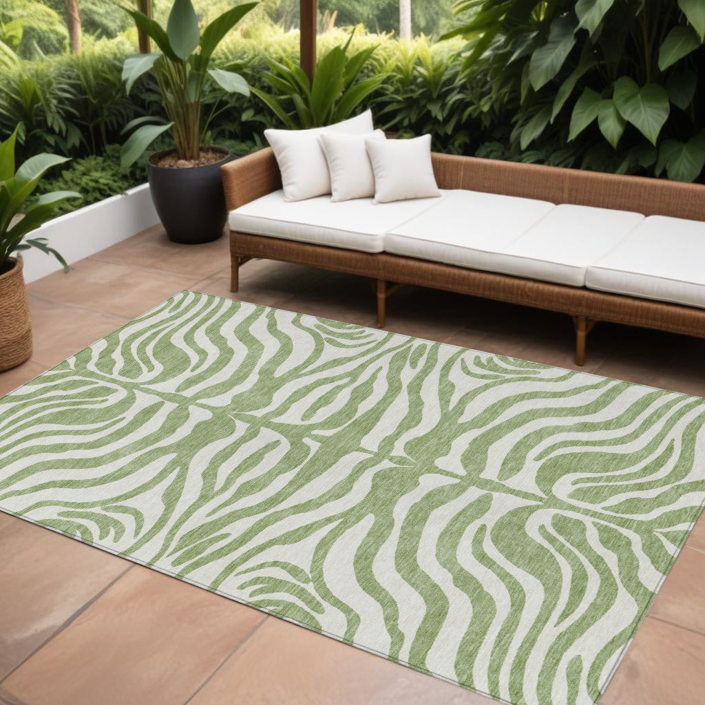 10' X 14' Artichoke Green And Ivory Animal Print Washable Indoor Outdoor Area Rug