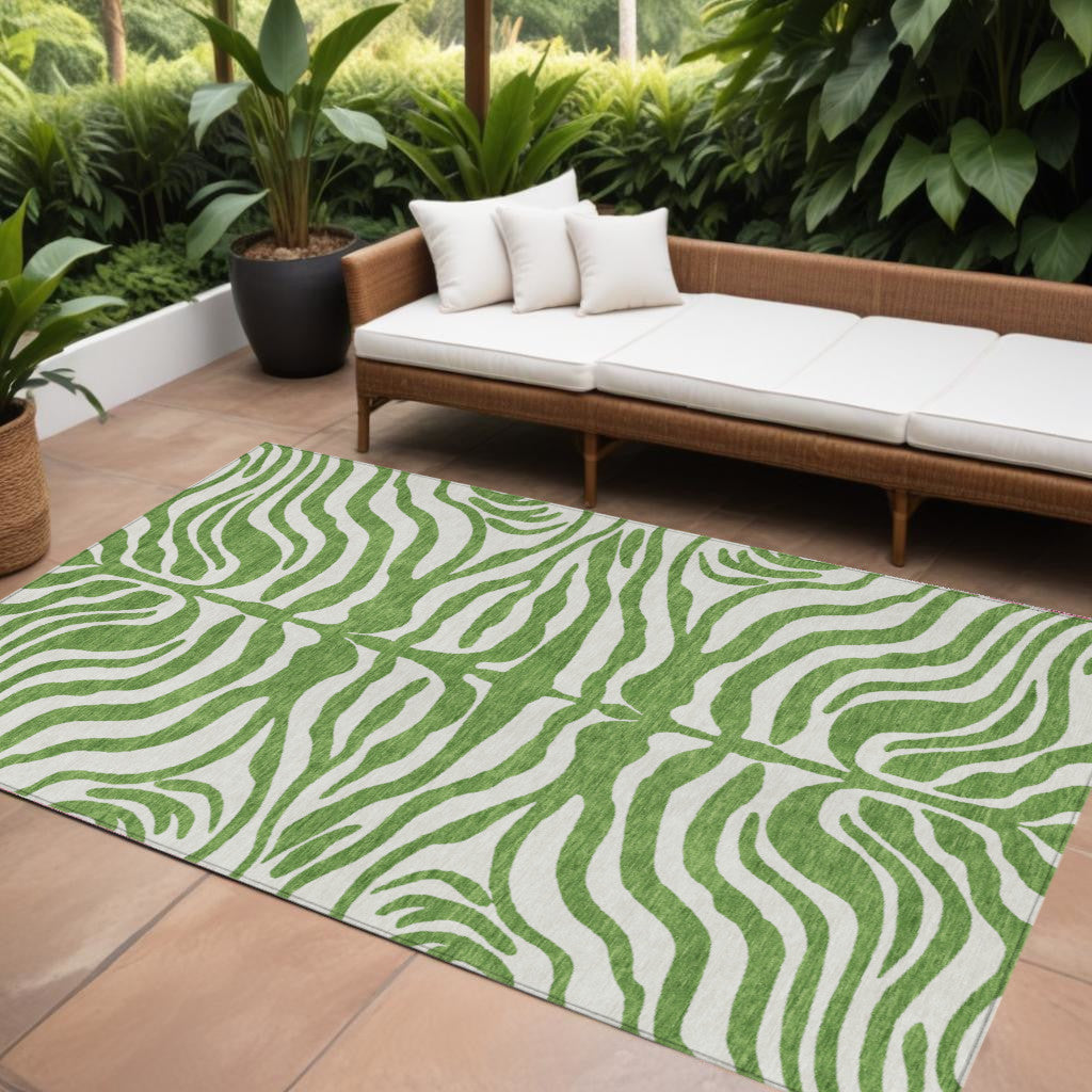 8' X 10' Green And Ivory Animal Print Washable Indoor Outdoor Area Rug