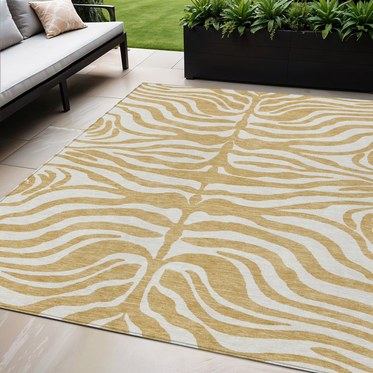 5' X 8' Gold And Ivory Animal Print Washable Indoor Outdoor Area Rug
