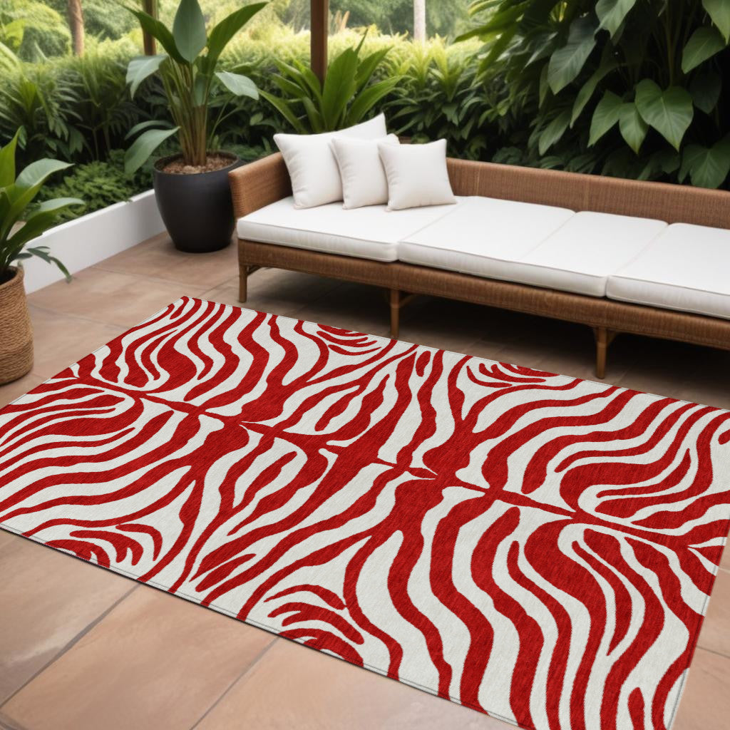 9' X 12' Red And Ivory Animal Print Washable Indoor Outdoor Area Rug