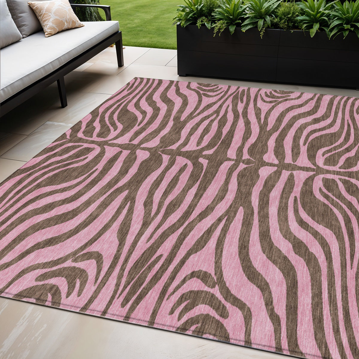 5' X 8' Brown And Pink Animal Print Washable Indoor Outdoor Area Rug