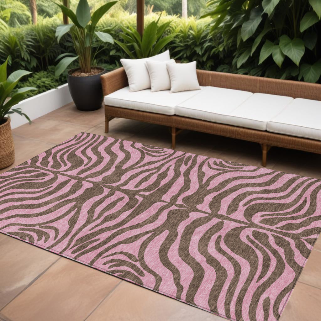 10' X 14' Brown And Pink Animal Print Washable Indoor Outdoor Area Rug