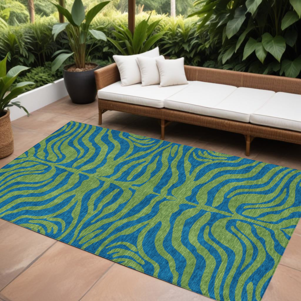 9' X 12' Green And Teal Blue Animal Print Washable Indoor Outdoor Area Rug