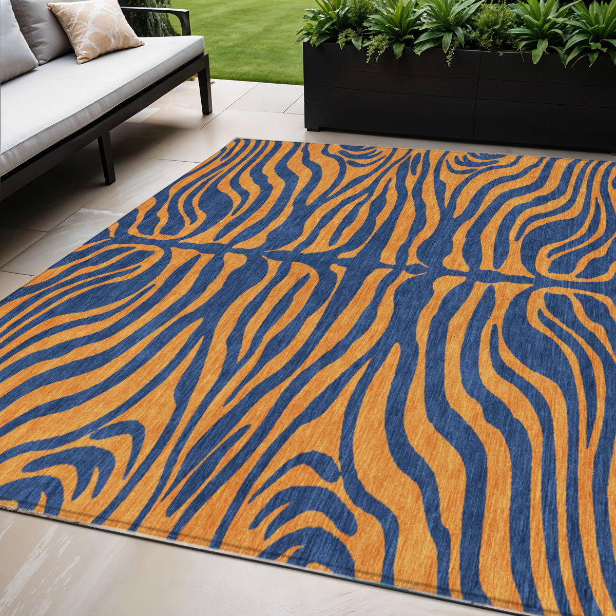 5' X 8' Navy Blue And Pink Animal Print Washable Indoor Outdoor Area Rug