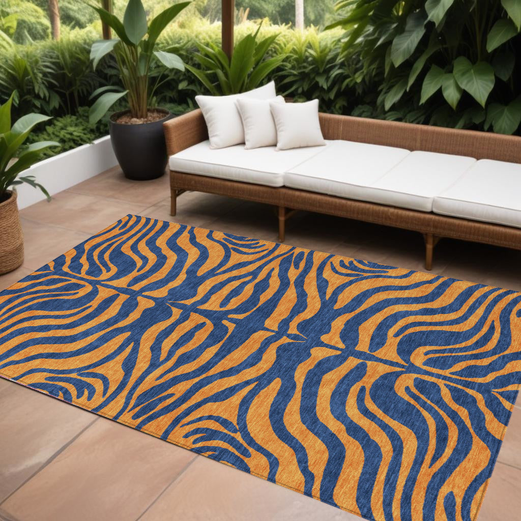 10' X 14' Navy Blue And Pink Animal Print Washable Indoor Outdoor Area Rug