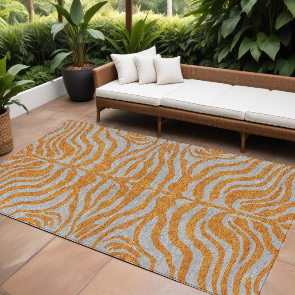 9' X 12' Copper And Gray Animal Print Washable Indoor Outdoor Area Rug