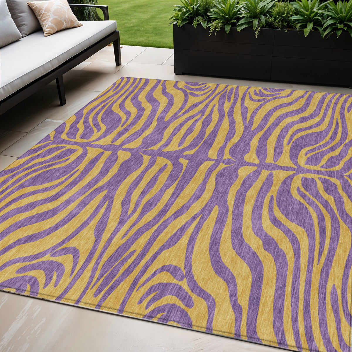 5' X 8' Purple And Copper Animal Print Washable Indoor Outdoor Area Rug