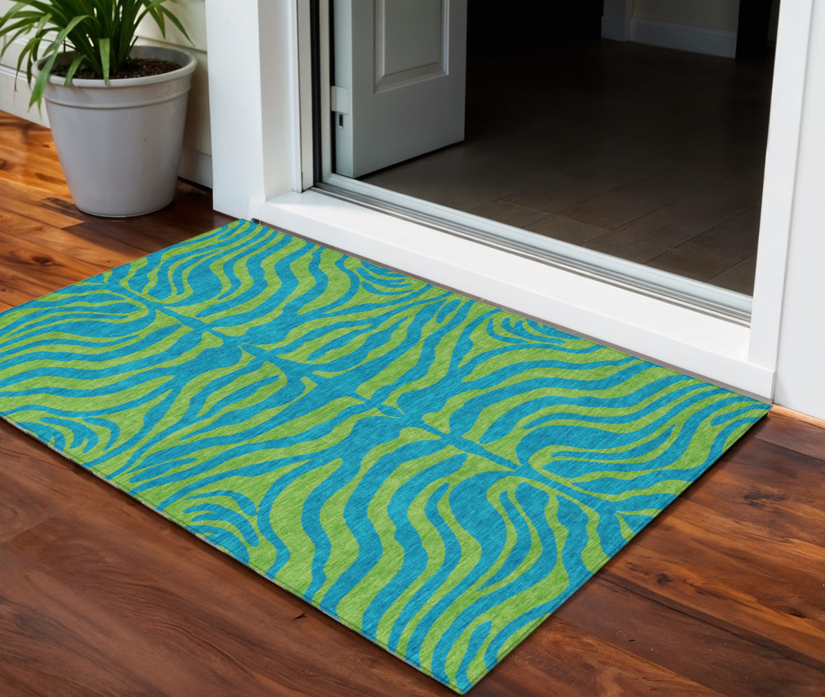 3' X 5' Teal Blue And Green Animal Print Washable Indoor Outdoor Area Rug