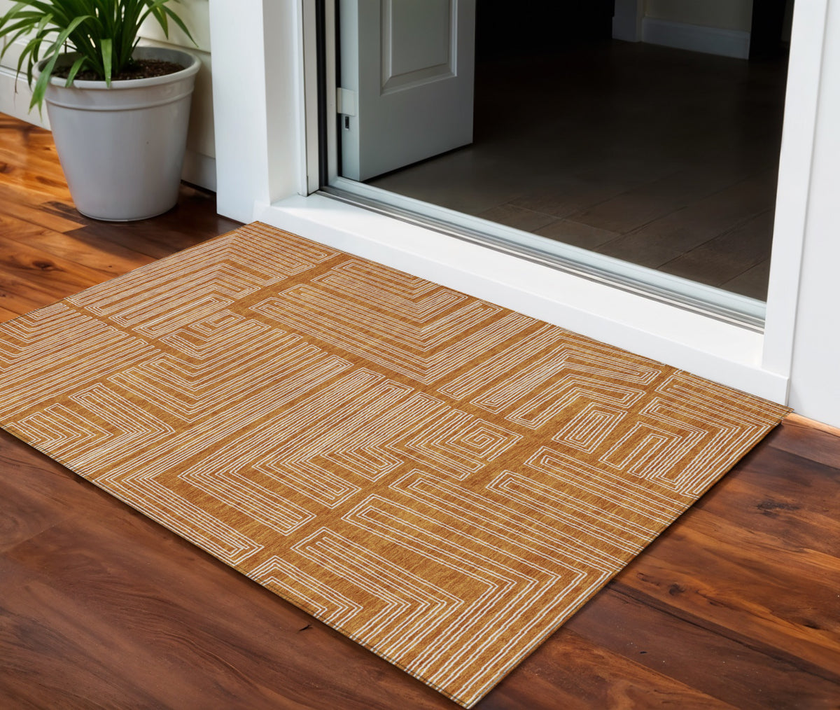 3' X 5' Copper And Ivory Geometric Washable Indoor Outdoor Area Rug