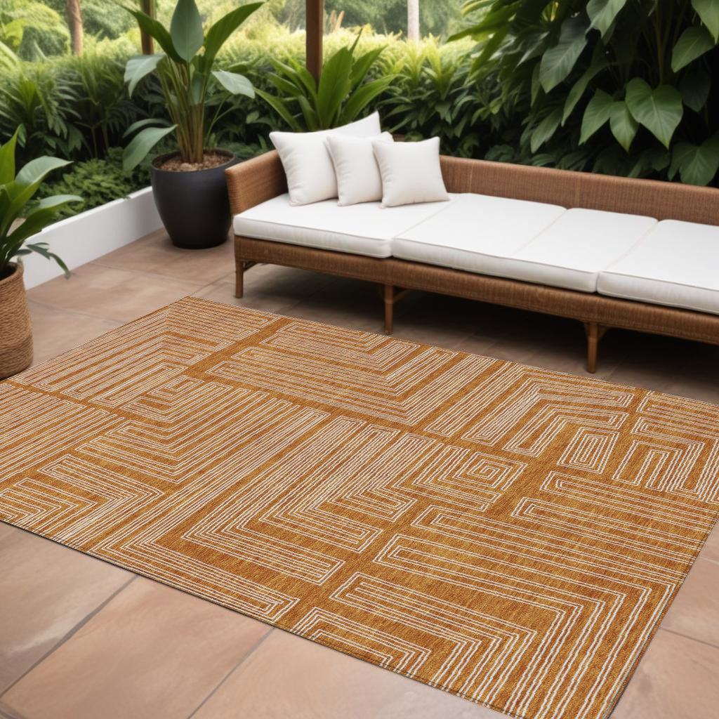 10' X 14' Copper And Ivory Geometric Washable Indoor Outdoor Area Rug