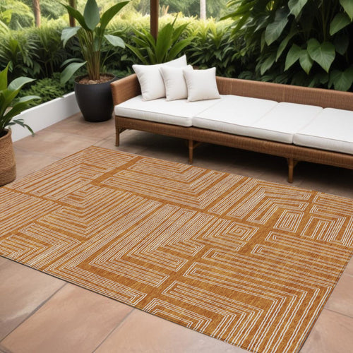 10' X 14' Copper And Ivory Geometric Washable Indoor Outdoor Area Rug