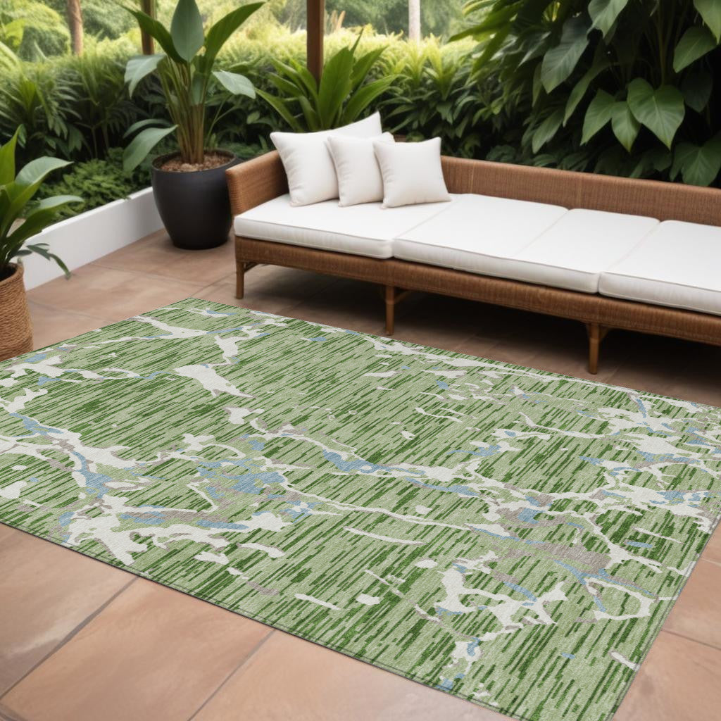 9' X 12' Artichoke Green Ivory And Beige Striped Washable Indoor Outdoor Area Rug