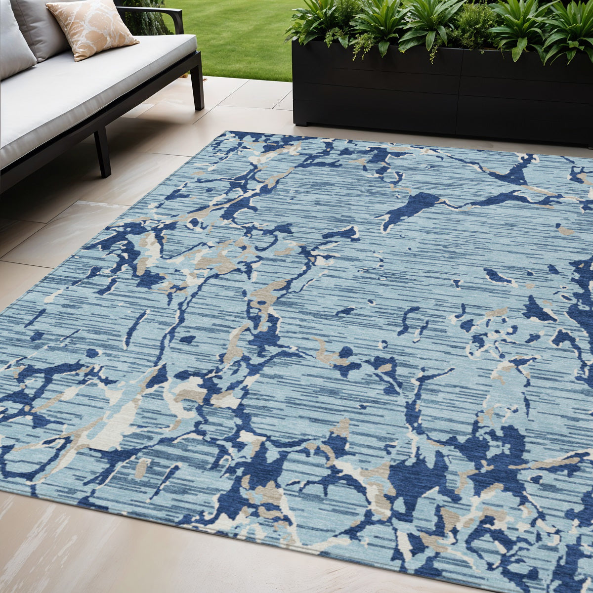 5' X 8' Denim Blue Dark Blue And Ivory Striped Washable Indoor Outdoor Area Rug
