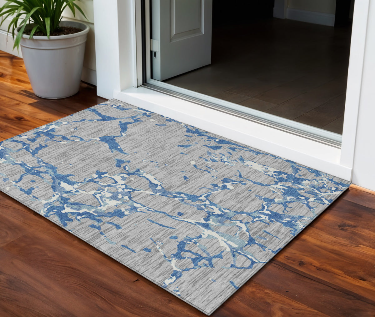 3' X 5' Gray Blue And Ivory Striped Washable Indoor Outdoor Area Rug