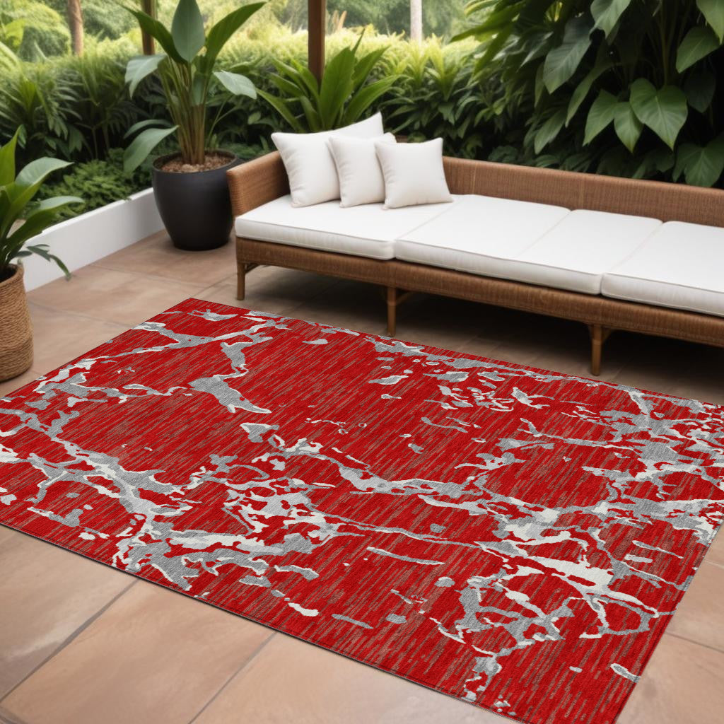8' X 10' Red Ivory And Gray Striped Washable Indoor Outdoor Area Rug