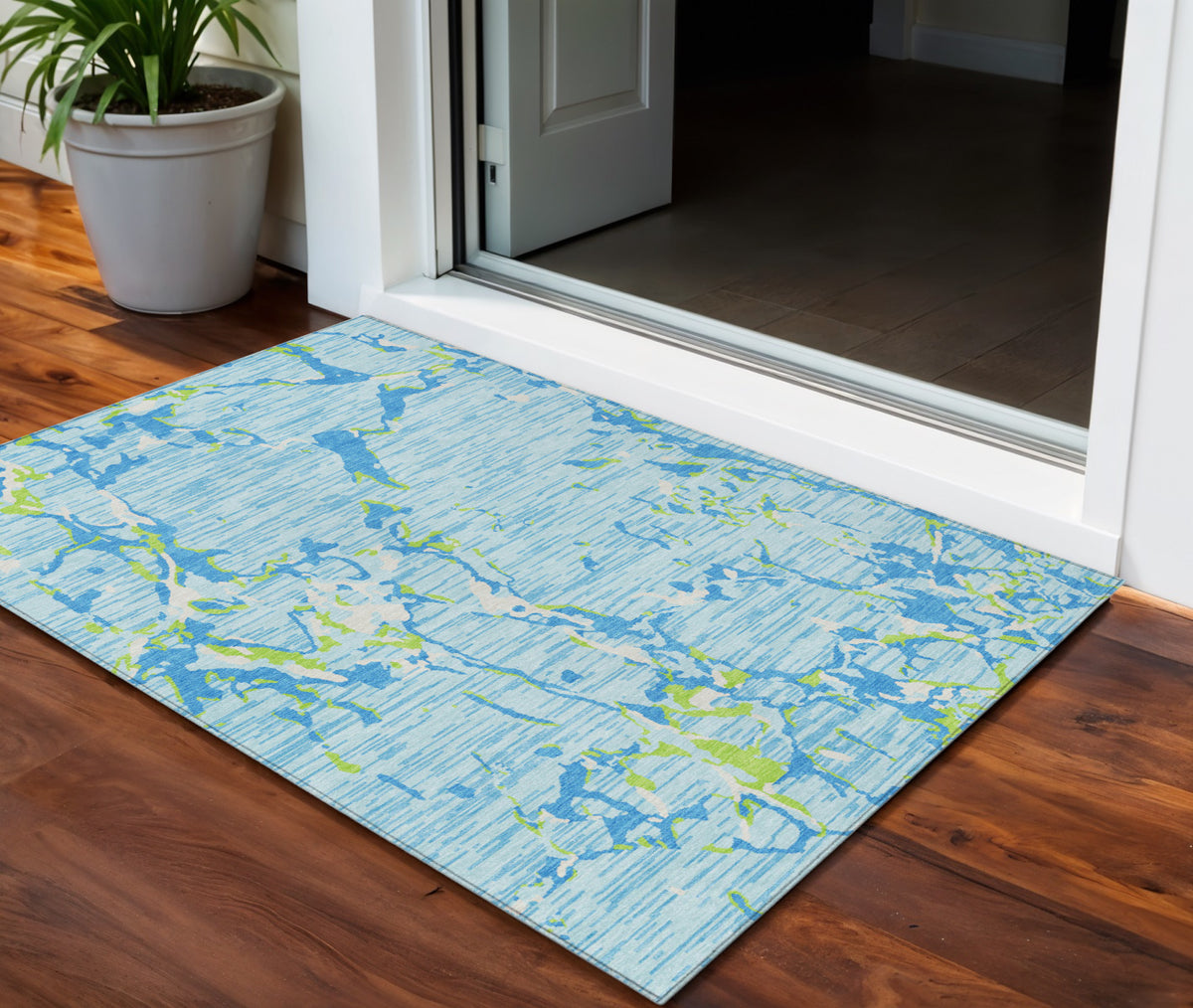 3' X 5' Sky Blue Green And Ivory Striped Washable Indoor Outdoor Area Rug