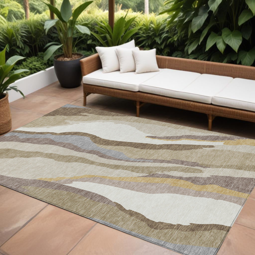 10' X 14' Beige Brown And Gray Abstract Washable Indoor Outdoor Area Rug
