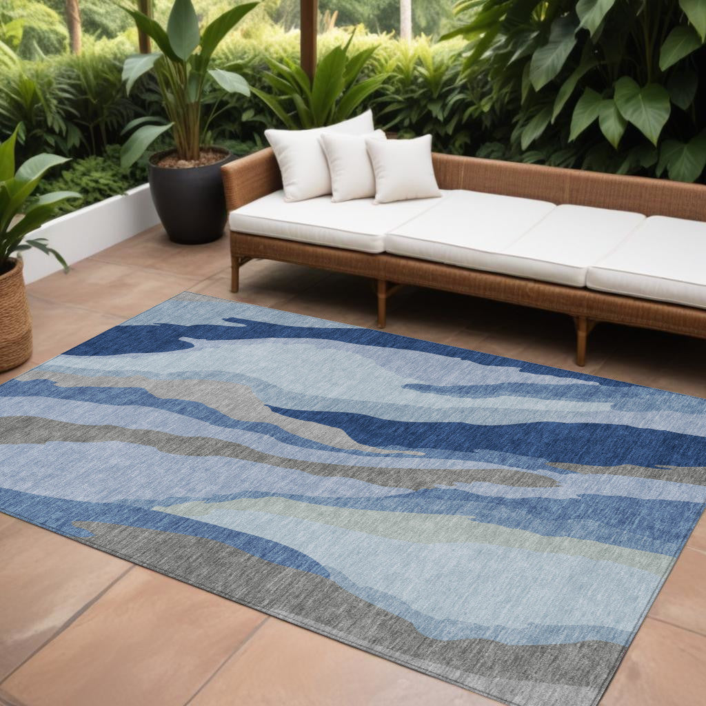8' X 10' Blue Gray And Ivory Abstract Washable Indoor Outdoor Area Rug