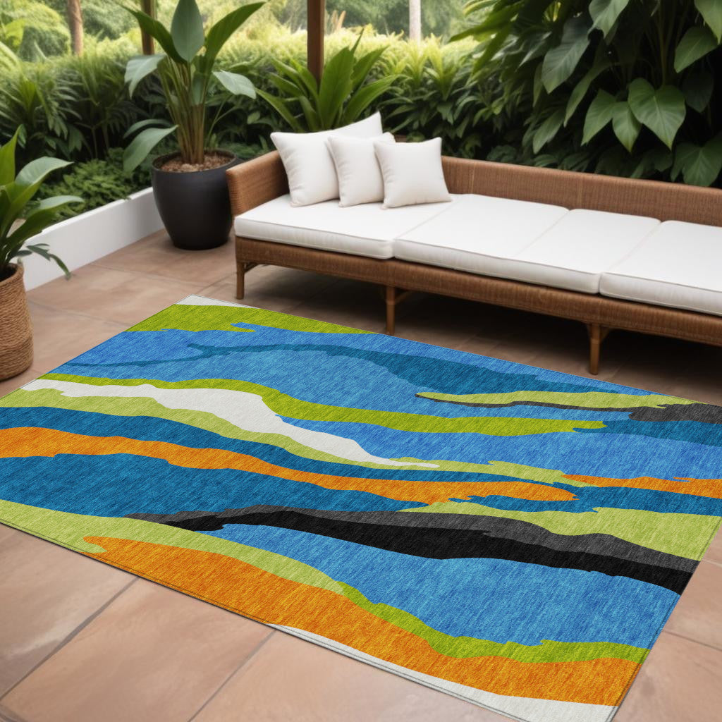 10' X 14' Denim Blue Copper And Green Abstract Washable Indoor Outdoor Area Rug
