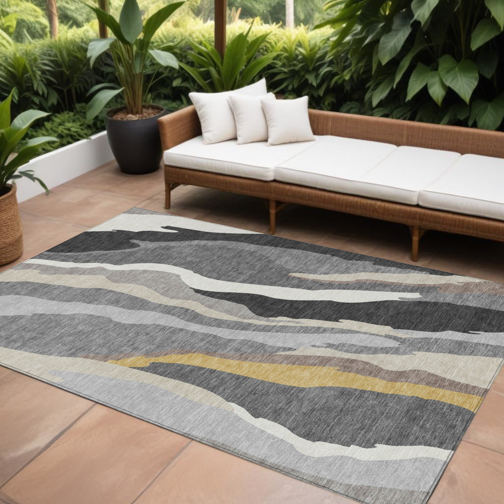 9' X 12' Gray Charcoal And Tan Abstract Washable Indoor Outdoor Area Rug