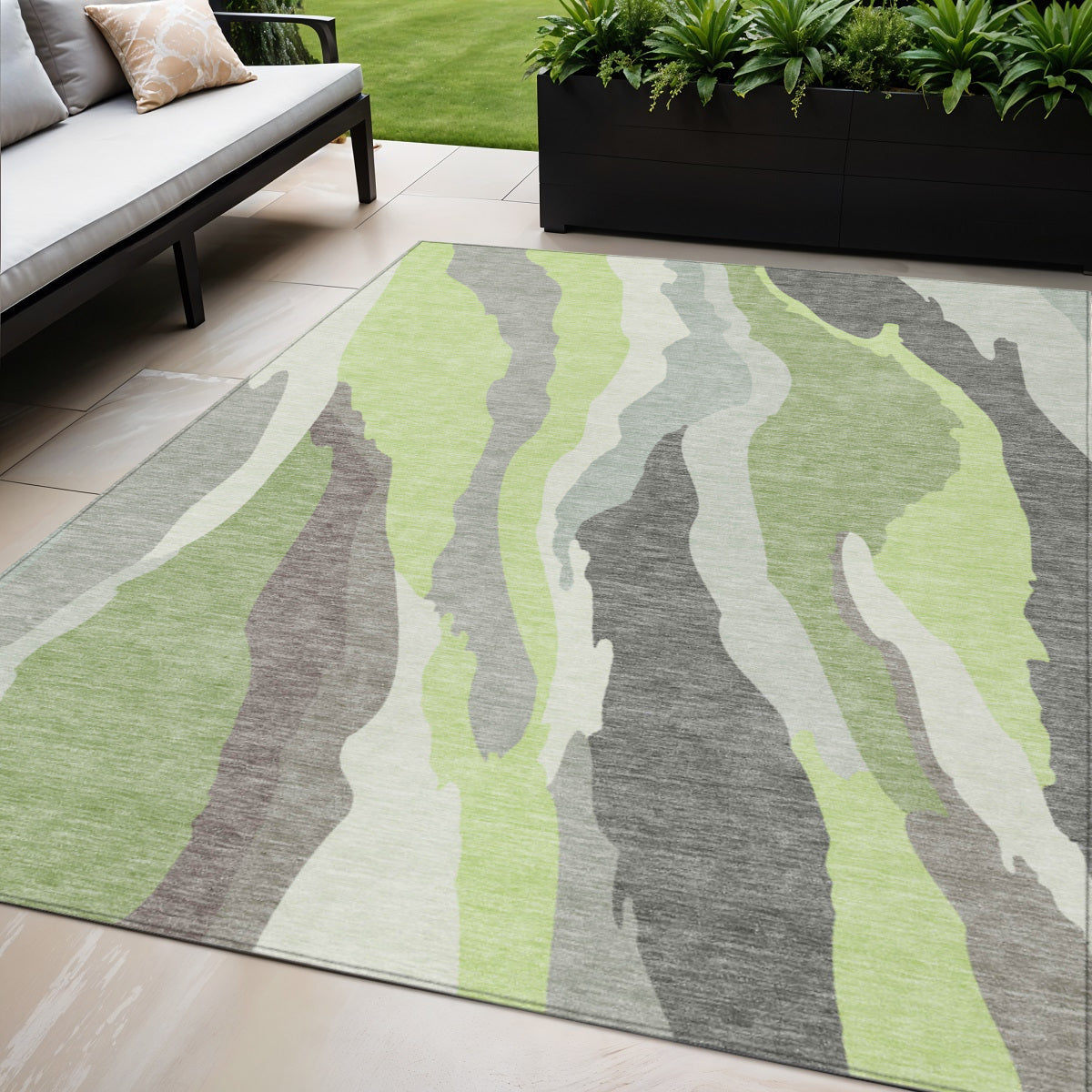 5' X 8' Mint Green Gray And Charcoal Abstract Washable Indoor Outdoor Area Rug