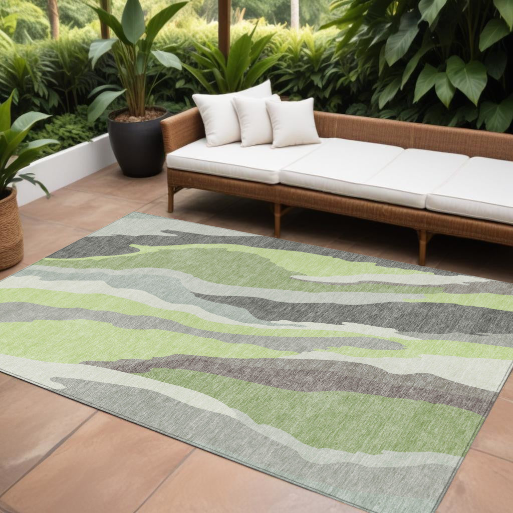 9' X 12' Mint Green Gray And Charcoal Abstract Washable Indoor Outdoor Area Rug