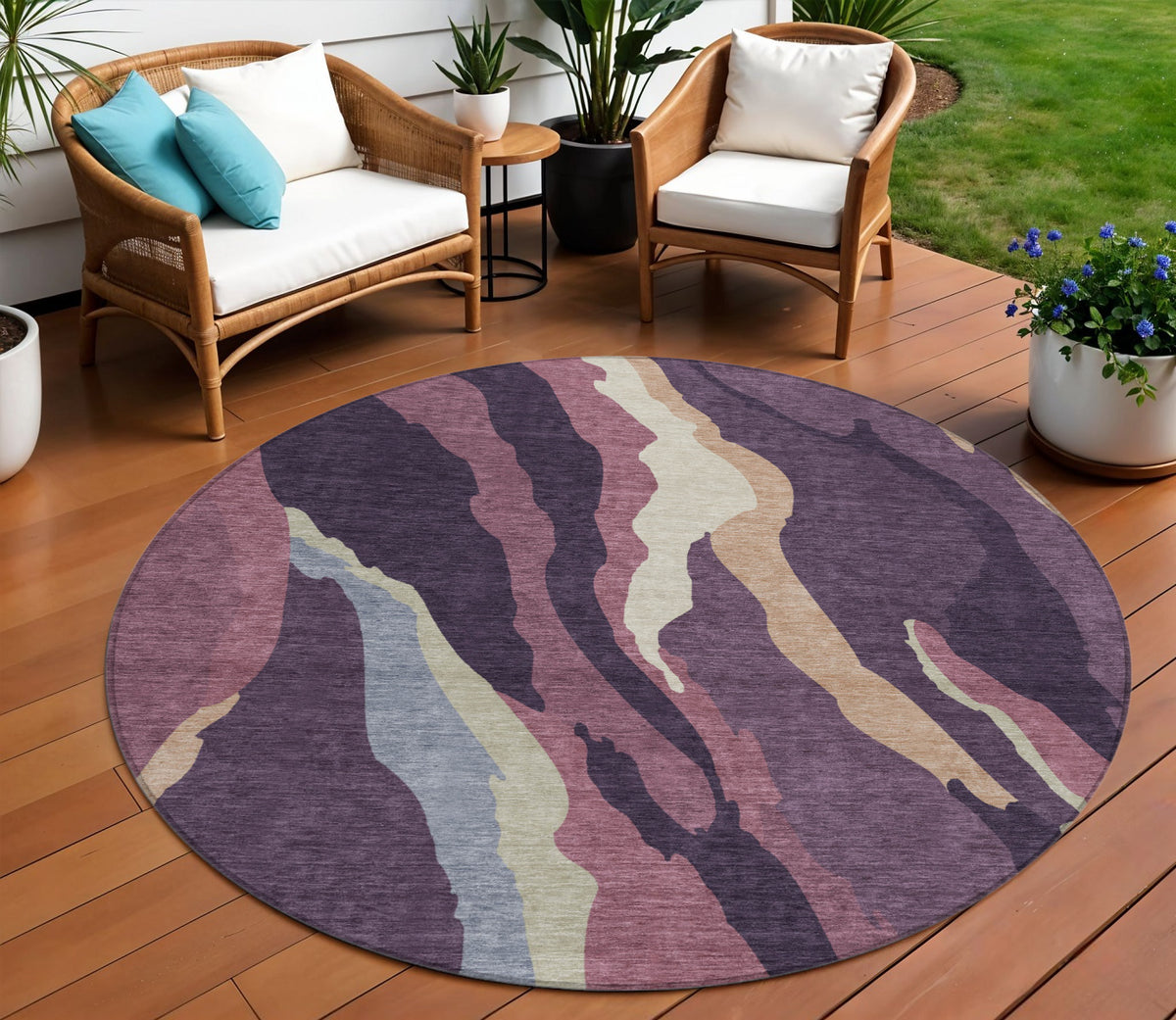 8' Plum Purple And Ivory Round Abstract Washable Indoor Outdoor Area Rug
