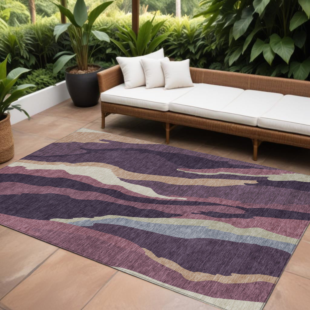 9' X 12' Plum Purple And Ivory Abstract Washable Indoor Outdoor Area Rug