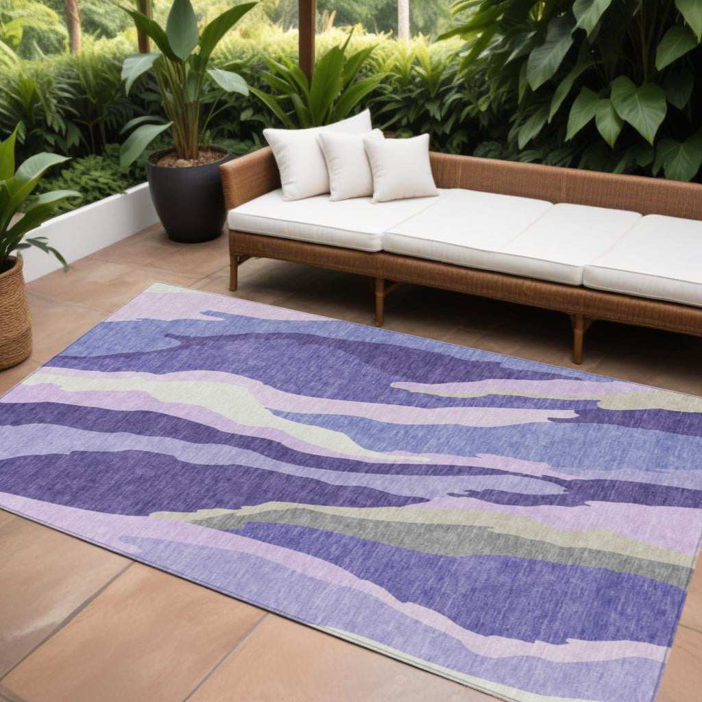 9' X 12' Purple Lavender And Ivory Abstract Washable Indoor Outdoor Area Rug