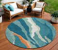 8' Teal Blue Copper And Ivory Round Abstract Washable Indoor Outdoor Area Rug