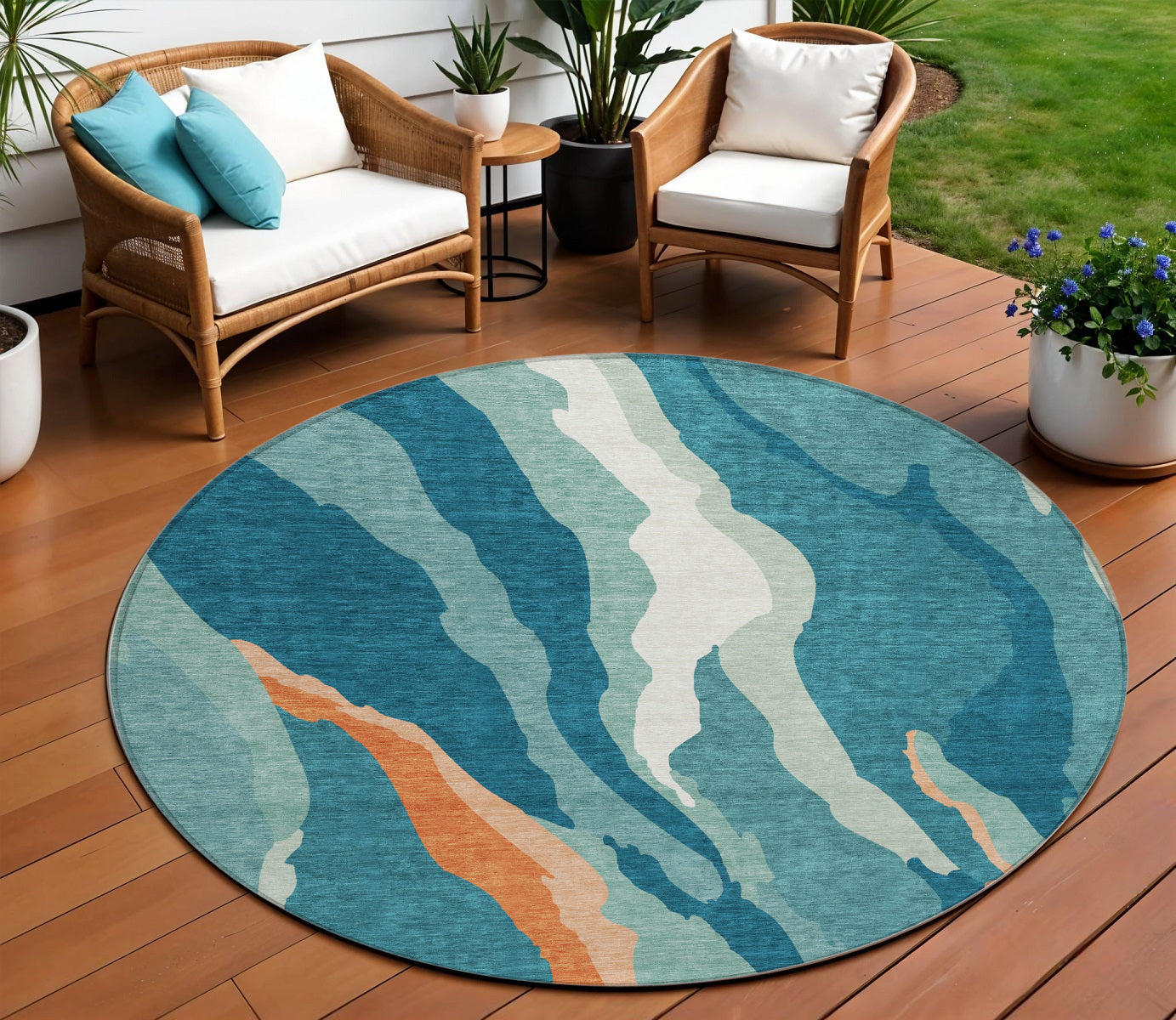 8' Teal Blue Copper And Ivory Round Abstract Washable Indoor Outdoor Area Rug