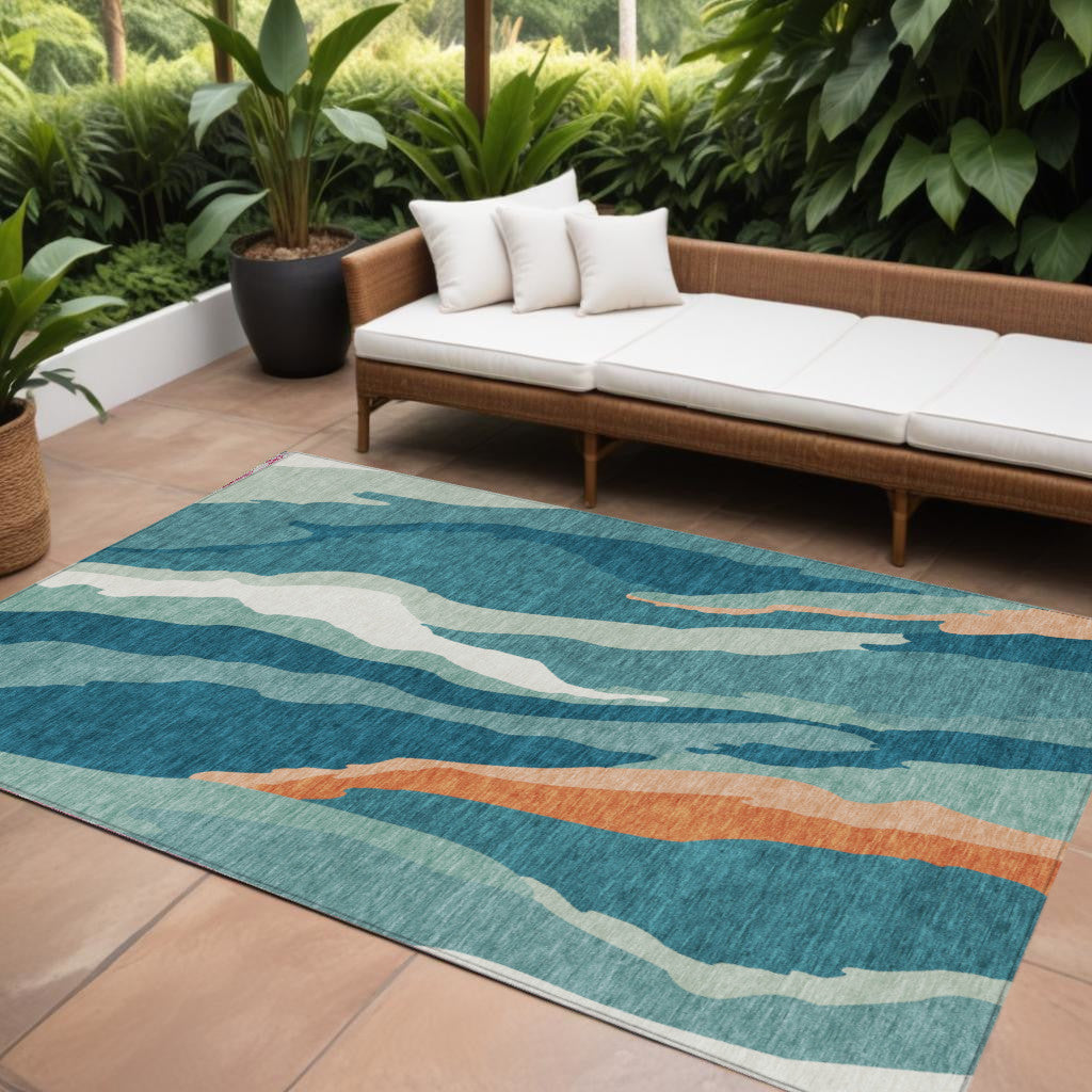 9' X 12' Teal Blue Copper And Ivory Abstract Washable Indoor Outdoor Area Rug