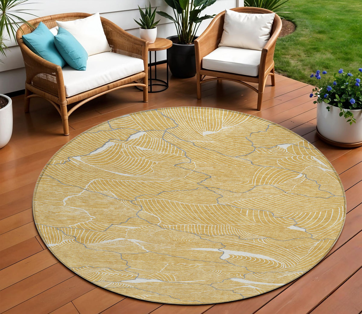 8' Gold Charcoal And Ivory Round Abstract Washable Indoor Outdoor Area Rug