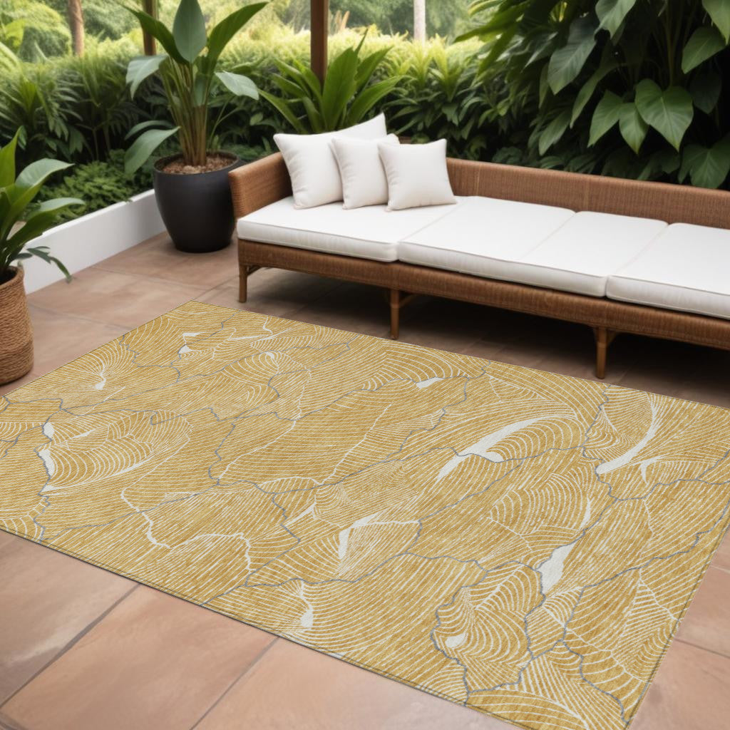 10' X 14' Gold Charcoal And Ivory Abstract Washable Indoor Outdoor Area Rug