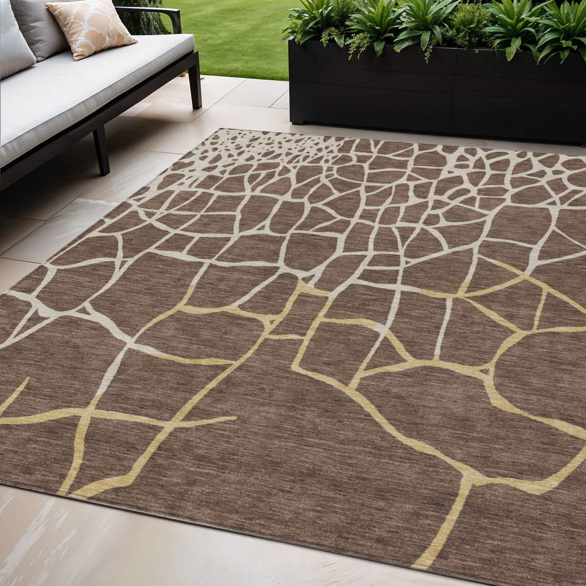 5' X 8' Brown And Tan Abstract Washable Indoor Outdoor Area Rug