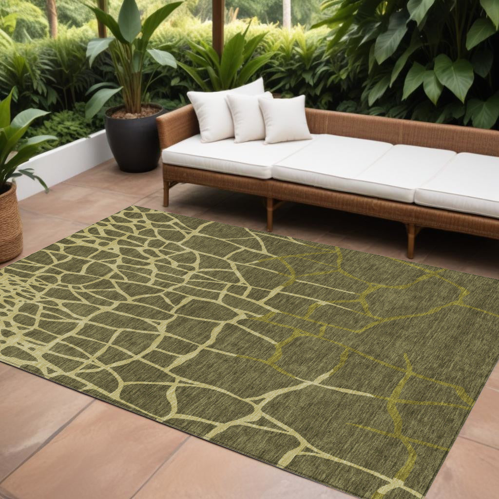 9' X 12' Olive Green And Dark Green Abstract Washable Indoor Outdoor Area Rug