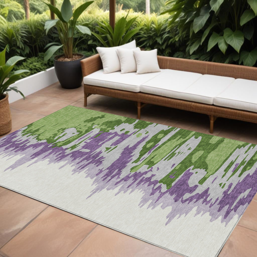 9' X 12' Green Purple And Ivory Abstract Washable Indoor Outdoor Area Rug