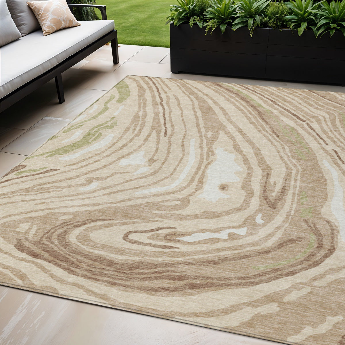 5' X 8' Beige Green And Brown Abstract Washable Indoor Outdoor Area Rug