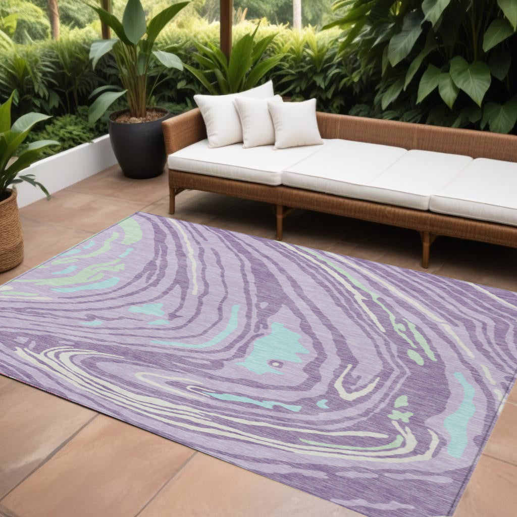 9' X 12' Lavender Sky Blue And Ivory Abstract Washable Indoor Outdoor Area Rug