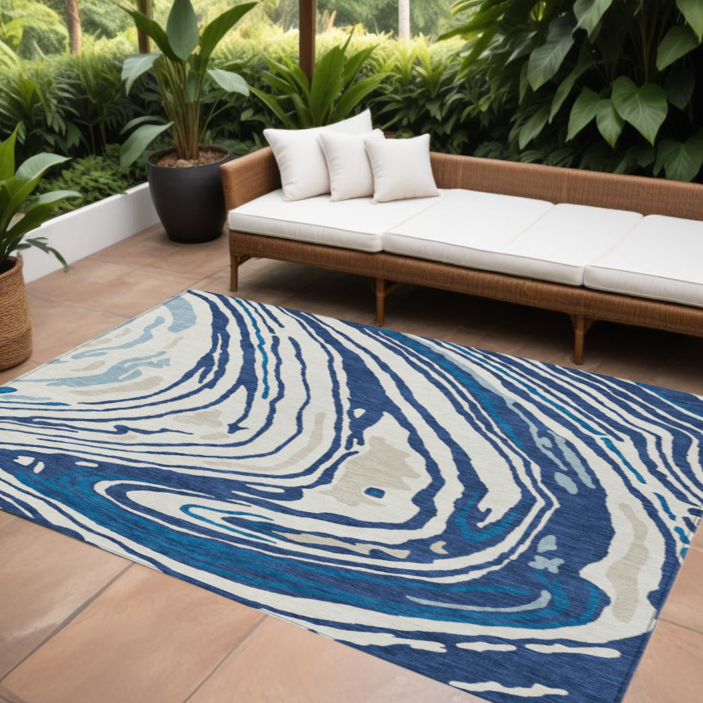 9' X 12' Navy Blue Teal Blue And Ivory Abstract Washable Indoor Outdoor Area Rug