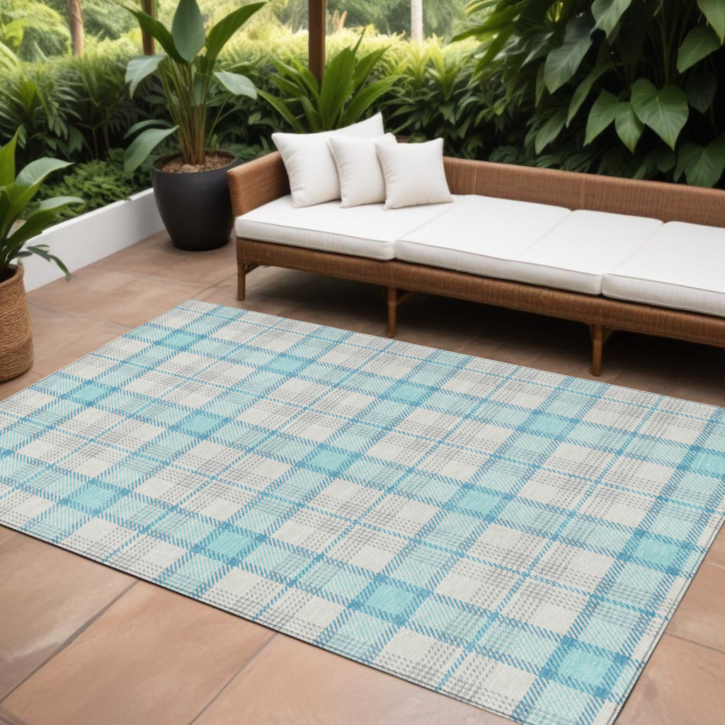 9' X 12' Aqua And Gray Plaid Washable Indoor Outdoor Area Rug